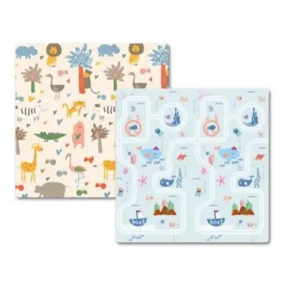 Covoras de joaca termic pentru copii, 2 fete, animale si calatorie pe mare, 180x200cm