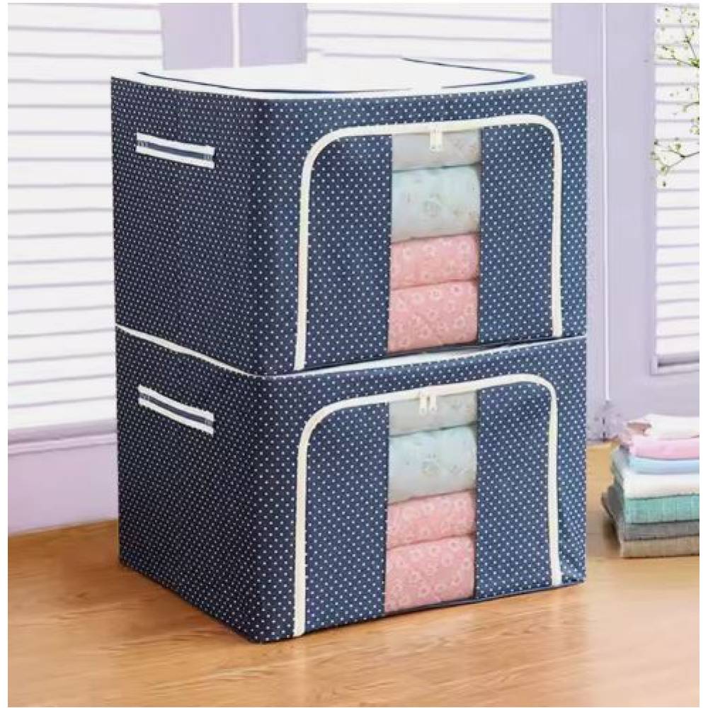 Cutie depozitare pliabila 100 litri cu fermoar, bleumarin buline Cutie depozitare pliabila 100 litri cu fermoar, bleumarin buline