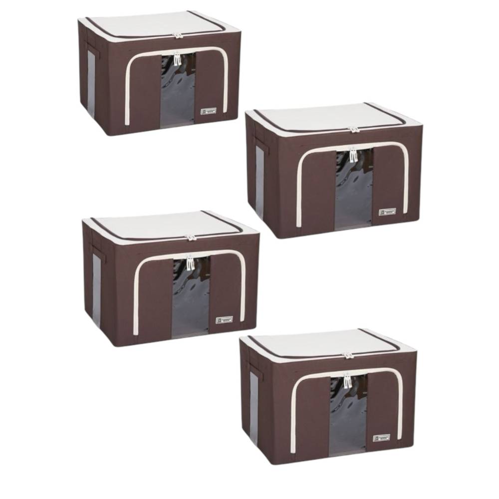 Cutie depozitare 66L cu fermoar Maro, doua ferestre, set 4 buc Cutie depozitare 66L cu fermoar Maro, doua ferestre, set 4 buc