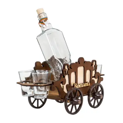 Suport lemn tip caruta cu sticla si 6 pahare 