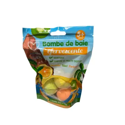 Bombe (bile) de baie 3 buc efervescente cu banana, kiwi si portocala