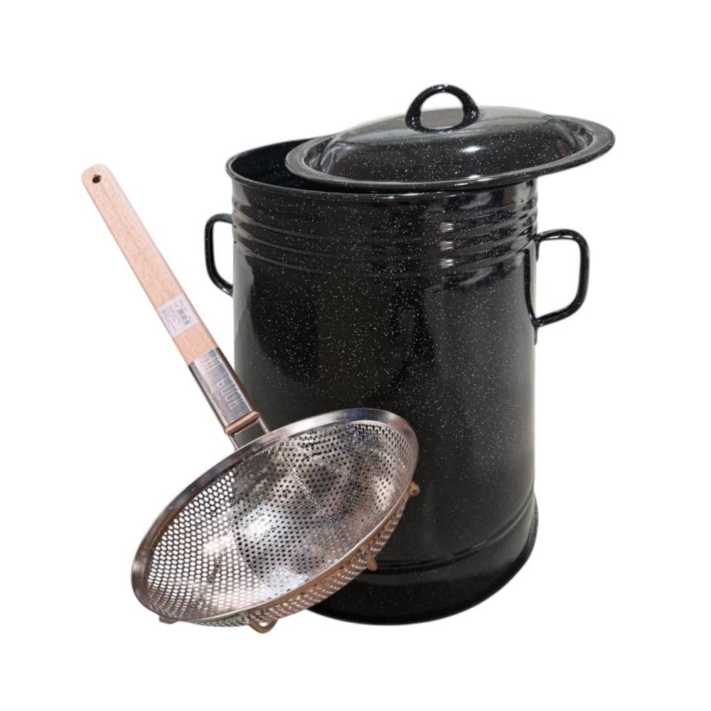 Set Garnita emailata 20 litri + Strecuratoare (sita) jumari 24 cm Set Garnita emailata 20 litri + Strecuratoare (sita) jumari 24 cm