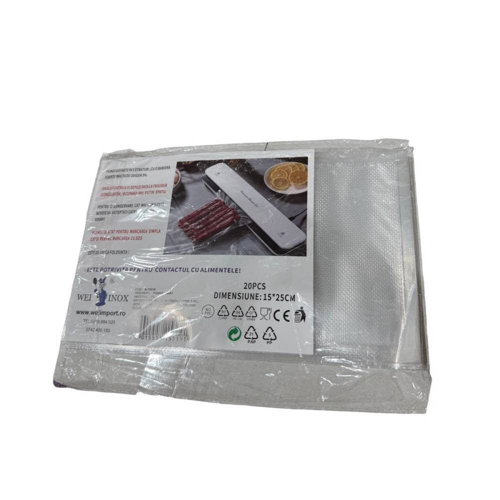 Pungi vidat 15x25 cm pentru alimente, gofrate, 20 bucati Pungi vidat 15x25 cm pentru alimente, gofrate, 20 bucati