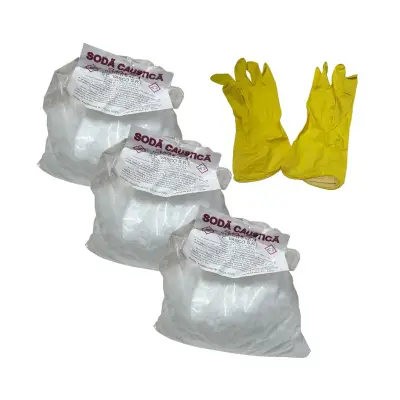 Set 3 x soda caustica, Hidroxid de sodiu 1 kg + 2 x manusi menaj