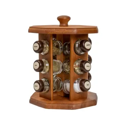 Suport lemn si 12 sticle cu condimente