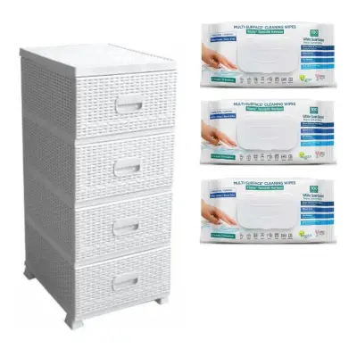 Pachet dulap depozitare plastic alb tip ratan, 4 sertare + 3 Servetele bicarbonat si otet