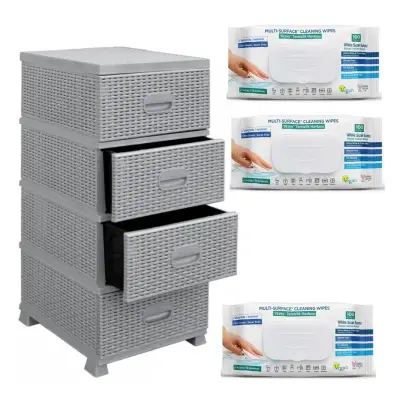 Pachet dulap depozitare 4 sertare tip ratan gri + 3 Servetele bicarbonat si otet