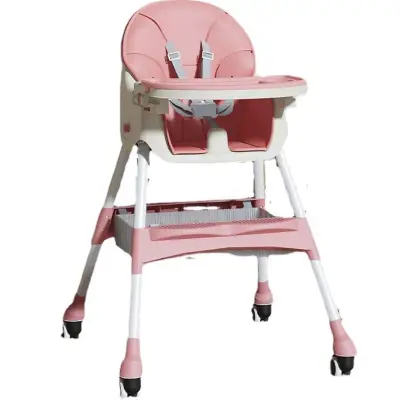 Scaun masa bebelusi si copii, pliabil, cu roti, piele artificiala, Roz