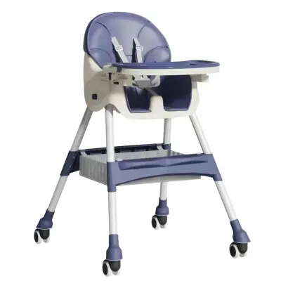 Scaun masa bebelusi si copii, pliabil, cu roti, piele artificiala, Albastru