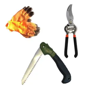 Foarfeca pomi, vita de vie +  Fierastrau pliabil / briceag cu dinti pentru pomi + Manusi vatuite