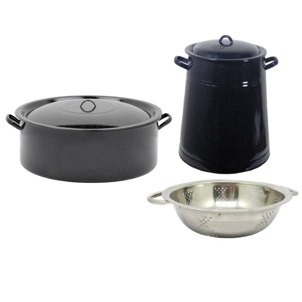 Garnita emailata neagra/bidon untura 20 L + Cratita Emailata cu capac 20 L neagra , 44cm + Strecuratoare din inox cu manere, 24cm Garnita emailata neagra/bidon untura 20 L + Cratita Emailata cu capac 20 L neagra , 44cm + Strecuratoare din inox cu manere, 24cm