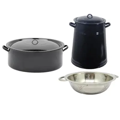 Garnita emailata neagra/bidon untura 10 L + Cratita Emailata cu capac 10 L neagra , 34cm + Strecuratoare din inox cu manere, 24cm