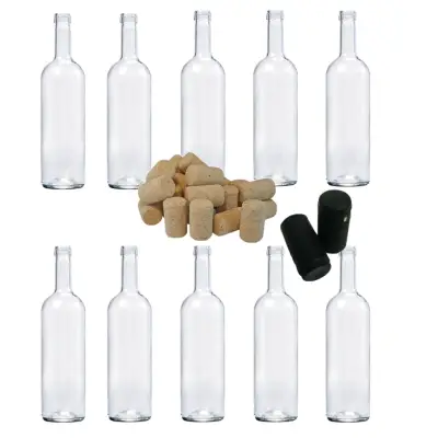 Sticla de vin 750 ml cu dop de pluta 10 bucati si capison negru PVC