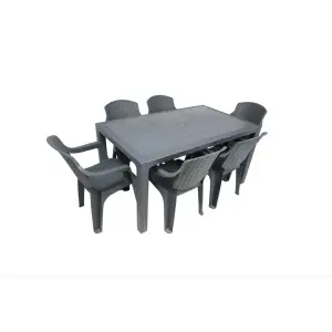 Masa fixa dreptunghiulara  pentru gradina plastic tip ratan cu 6 scaune, Gri