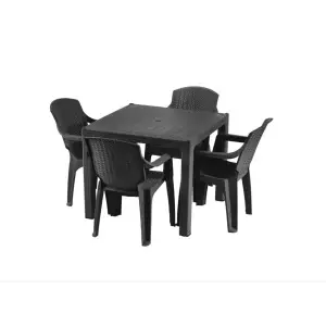 Masa patrata pentru gradina plastic tip ratan cu 4 scaune, gri