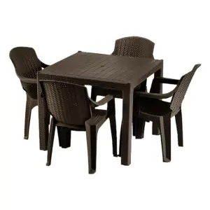 Masa patrata pentru gradina plastic tip ratan cu 4 scaune, maro
