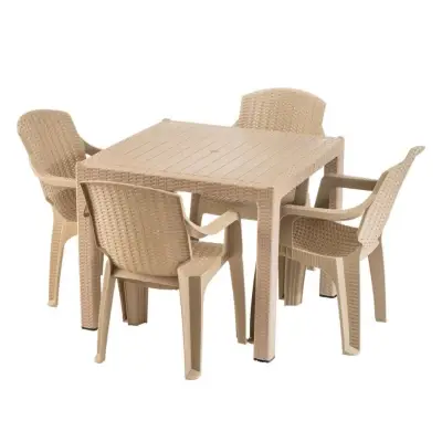 Masa cu scaune terasa tip ratan (crem) set 4 pers, exterior