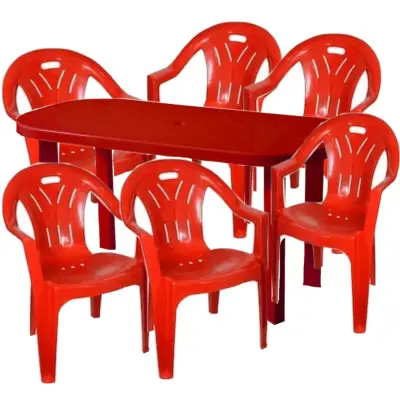 Masa cu scaune terasa rosii, set 6 persoane (exterior)