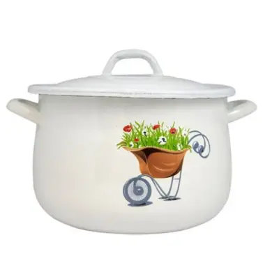 Cratita emailata bombata alba cu model, Diametru 22cm, cu capac 