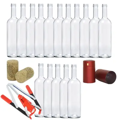 Sticle vin 16 buc, 750 ml, cu dopuri pluta, dopuitor si capisoane