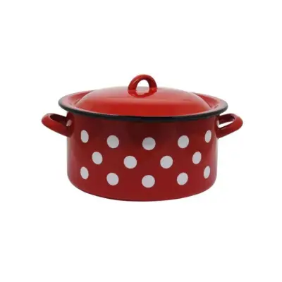 Cratita emailata inalta, 8.5 L, cu capac, rosie cu buline
