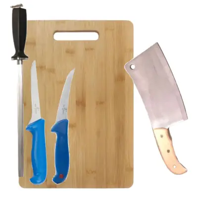 Set 2 cutite macelarie + Satar spart oase + Masat + tocator lemn 30x20 cm