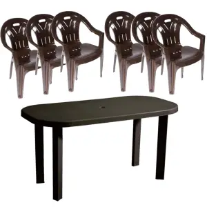 Masa fixa pentru gradina, ovala cu 6 scaune, maro