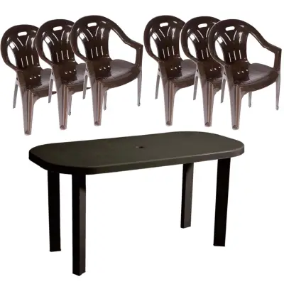 Masa cu scaune terasa maro, set 6 pers, exterior