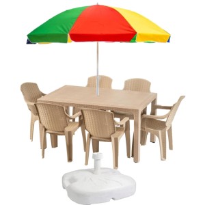 Masa fixa dreptunghiulara  pentru gradina plastic tip ratan cu 6 scaune, crem + umbrela de soare mare, multicolora + suport umbrela 