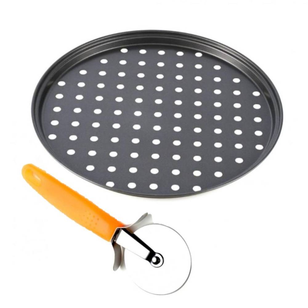 Tava pizza teflonata cu gauri 29.5 cm si cutit pizza coada plastic Tava pizza teflonata cu gauri 29.5 cm si cutit pizza coada plastic