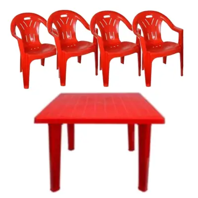 Masa cu scaune terasa rosii, set 4 pers, exterior