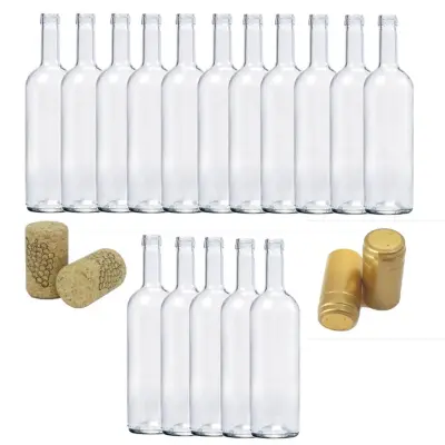 Sticle de vin 750 ml, 16 buc cu dop pluta si capisoane aurii