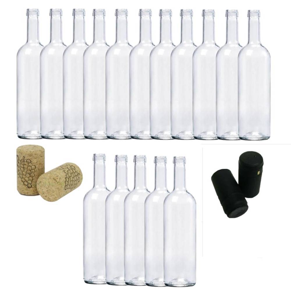 Sticle de vin 750 ml, 16 buc cu dop pluta si capisoane negre Sticle de vin 750 ml, 16 buc cu dop pluta si capisoane negre