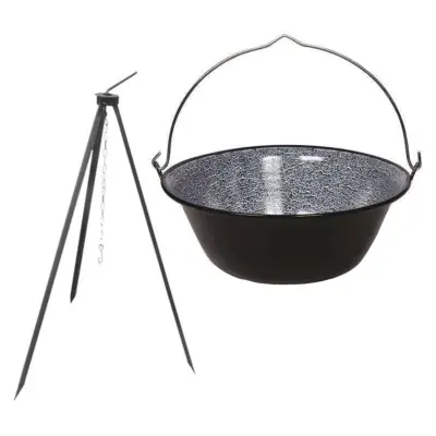 Ceaun emailat 10L cu maner + trepied metalic 1M