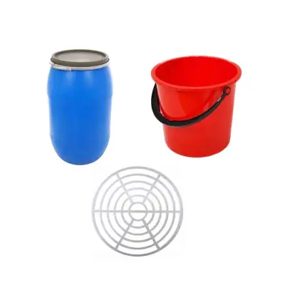 Butoi din plastic 120 L cu cerc metalic + Presa rotunda pentru butoi 47 cm + Galeata plastic 10 L