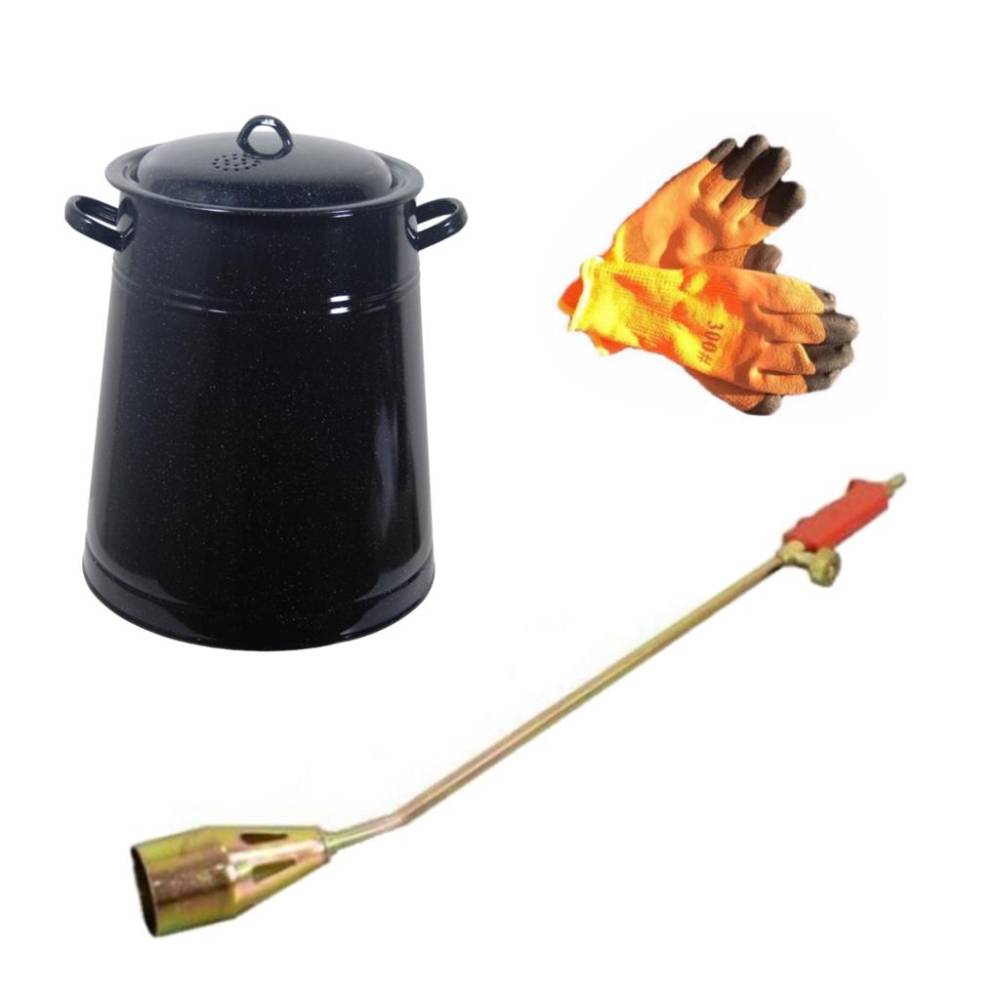 Garnita emailata neagra/bidon untura 20 L + Arzator porc pe gaz + Manusi Vatuite Garnita emailata neagra/bidon untura 20 L + Arzator porc pe gaz + Manusi Vatuite