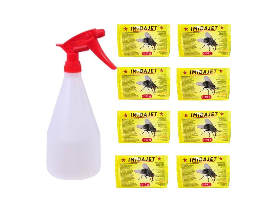 Insecticid pentru combaterea mustelor , Imidajet 10 g x 8 + cu Pulverizator 1 L