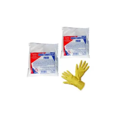 Set 2 x soda caustica Kynita (fulgi) 1 kg, Hidroxid de sodiu + manusi menaj