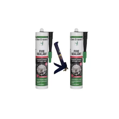 Etansant Den Braven Fire Sealant, negru, rezistent la temperatura, 280 ml x 2 + 1 bucata Pistol silicon din metal, albastru