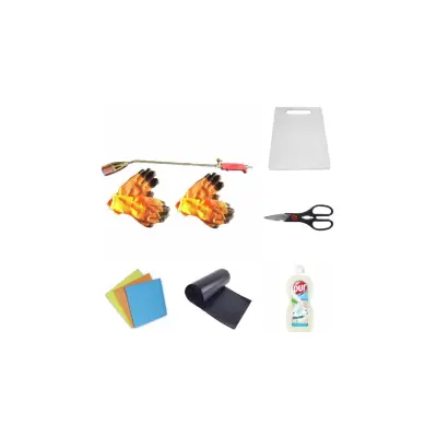 Arzator Porc pe gaz + 2 x Manusi vatuite + Detergent de vase Pur, 450ml + 3 buc. Laveta umeda + Tocator dreptunghiular, din plastic + Saci Menajeri, 35l, 50 bucati/rola + Foarfeca Multifuncionala