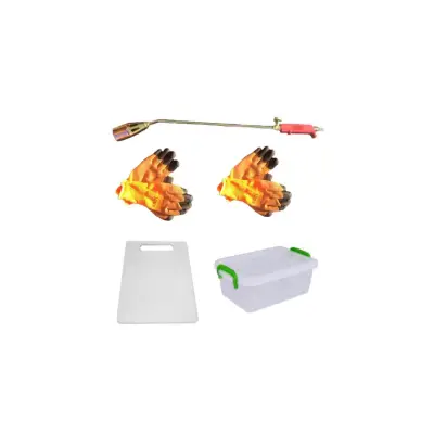 Arzator Porc pe gaz + 2 x Manusi vatuite + Tocator dreptunghiular, din plastic + Cutie alimente dreptunghiulara, 6l + manere