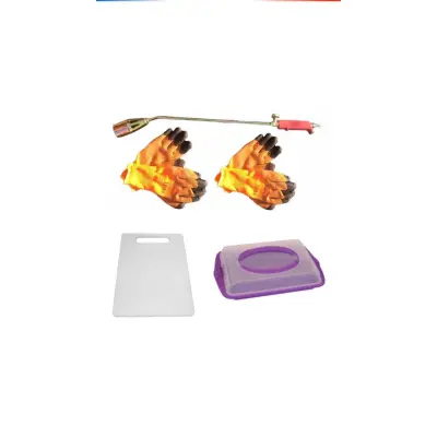 Arzator Porc pe gaz + 2 x Manusi vatuite + Tocator dreptunghiular, din plastic + Cutie prajituri cu capac si maner , 47 /30/9.5 cm