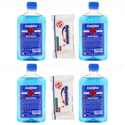 Pachet 4 x Alcool sanitar Saniblue 70% ,500ml + servetele antibacteriene hygienium 15buc/set