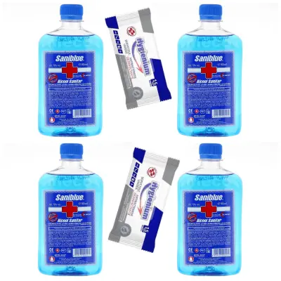 Pachet 4 x Alcool sanitar Saniblue 70% ,500ml + servetele antibacteriene hygienium 15buc/set