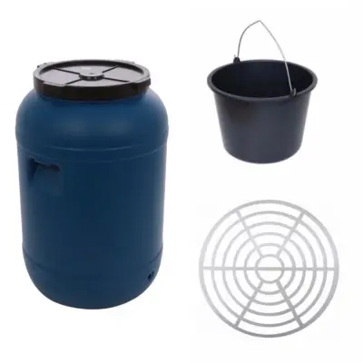 Butoi plastic 150 L + Presa rotunda pentru butoi 45 cm + Galeata universala constructii, mortar, struguri, apa, 12l