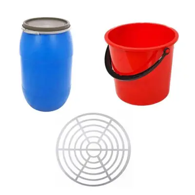 Butoi din plastic 85 L cu cerc metalic + Presa rotunda pentru butoi 47 cm + Galeata plastic 10 L 