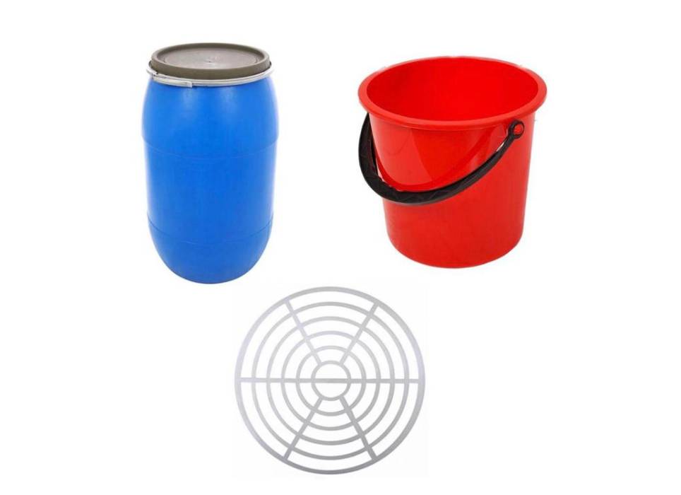 Butoi din plastic 220 L cu cerc metalic + Presa rotunda pentru butoi 47 cm + Galeata plastic 10 L