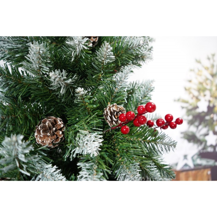 Brad artificial de Craciun Premium tip nins, decorat cu conuri pin rosii, inaltime 240 cm, 863 ramuri bogate, Flippy, verde, suport metalic inclus