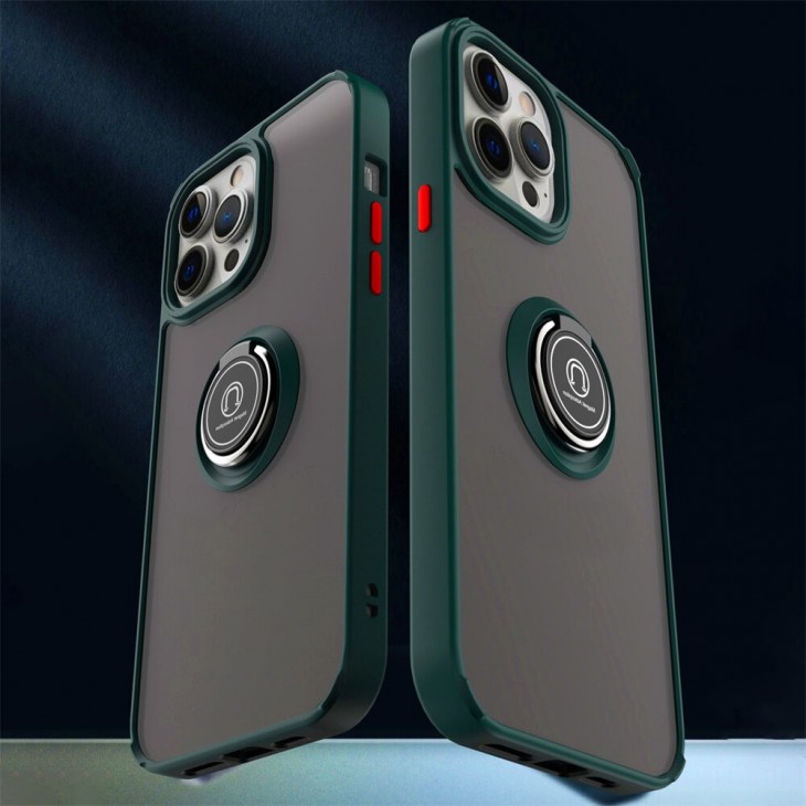 Husa Anti Fall Metal Bracket pentru Apple iPhone 12/ 12 Pro, Rezistenta la socuri, Margini colorate, Cu inel de prindere magnetic, Flippy, Verde