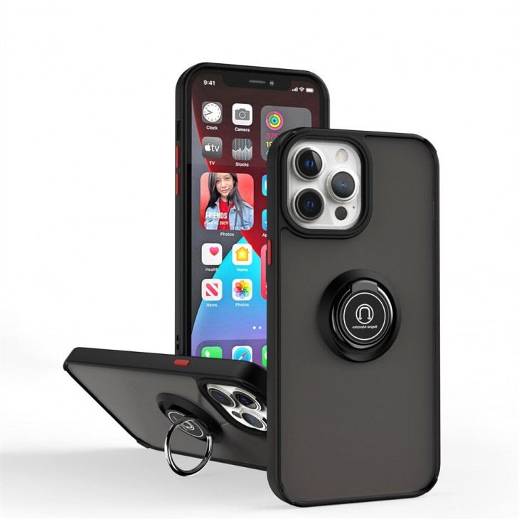 Husa Anti Fall Metal Bracket pentru Apple iPhone 13 Pro, Rezistenta la socuri, Margini colorate, Cu inel de prindere magnetic, Flippy, Negru